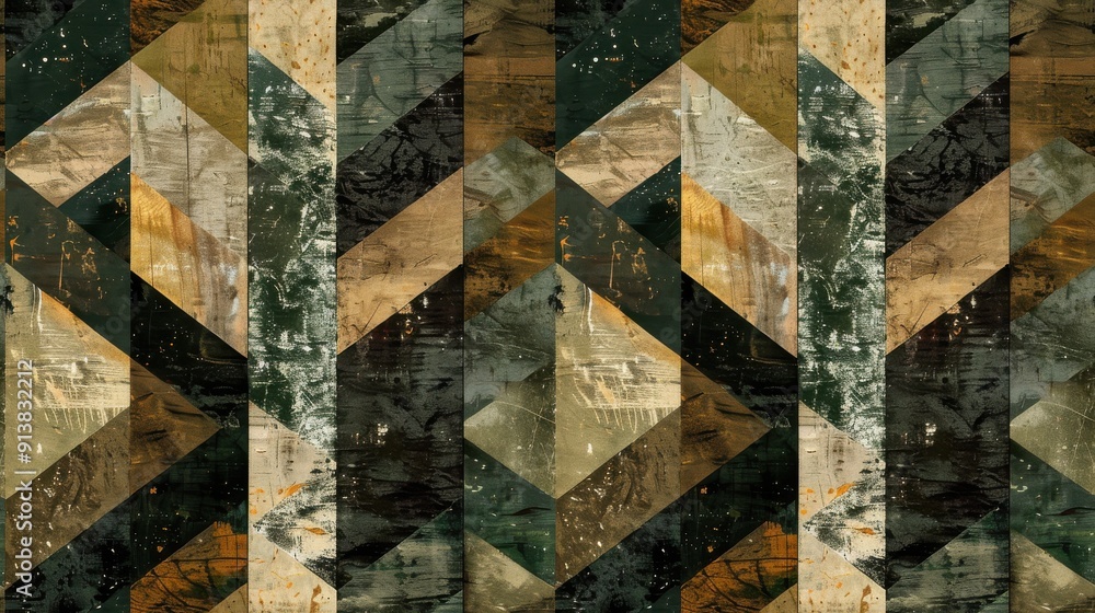 Poster This image features a repeating pattern of geometric shapes constructed from wood. The shapes create a dynamic, three-dimensional effect, with various shades of brown and green throughout. The wood ap