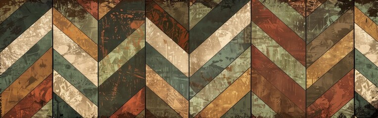A close-up image of a wall featuring a chevron pattern created with wooden planks. The planks are painted in various shades of brown, green, red, and beige. The wood is distressed, creating a vintage 