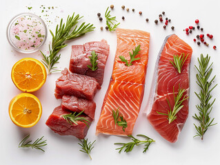 Fresh Seafood Display Featuring Assorted Fish Cuts With Herbs and Citrus Garnish Arranged Artistically on White Background