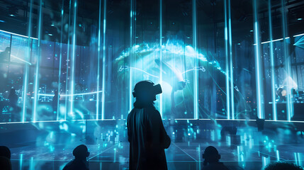 Obraz premium The image shows a hologram of a lively virtual reality concert experience. Lots of excitement.