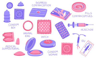 Birth control items. A set of colored flat contraceptive icons in blue and pink. Protection of men and women. A horizontal banner with names and vector elements about safe sex. Isolated items