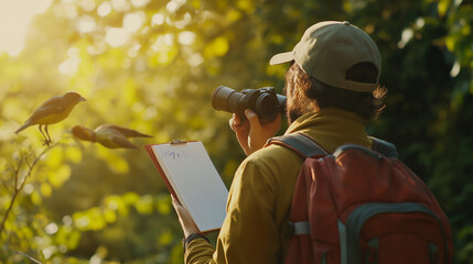  A birdwatcher with binoculars and a notebook, observing birds in a serene natural setting