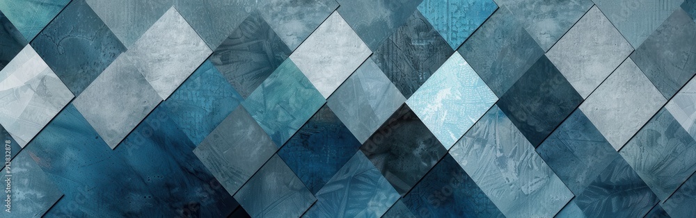 Fototapete The image features a pattern of overlapping blue and grey diamond shapes. The diamonds are arranged in a diagonal pattern, creating a sense of depth and texture. The colors are muted and blend togethe