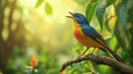 Fototapeta premium A colorful songbird perched on a branch, singing with a lush forest or garden background