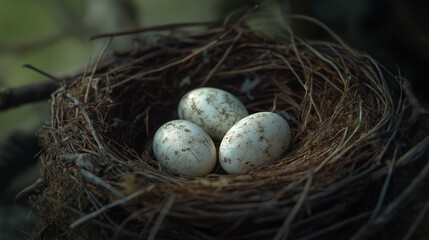 Obraz premium nest with eggs, bird nest with eggs, A detailed shot of a bird’s nest with eggs, highlighting the delicate and intricate nature of the nest