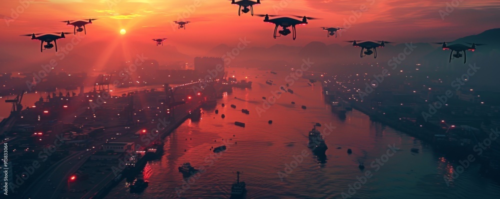Poster high-resolution image of drones capturing shipping port with cargo ships and cranes