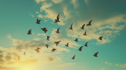 A flock of birds flying gracefully across the sky, capturing the beauty and movement of their flight