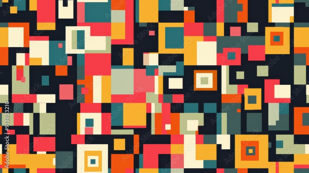 Leinwandbilder An abstract geometric pattern features colorful squares of various sizes and colors, overlapping and creating a visually interesting, chaotic arrangement against a dark background.