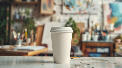 White paper coffee cup mockup, Art class table with blank mug and paint brushes, blurred background