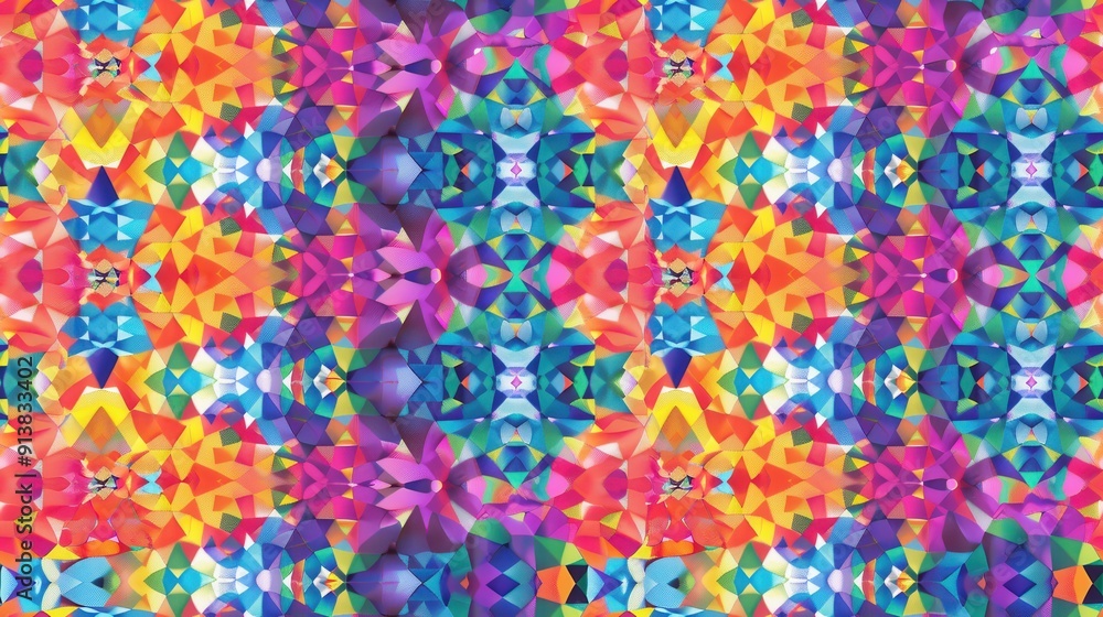 Poster A vibrant abstract pattern composed of various geometric shapes in a kaleidoscopic arrangement. The pattern features a variety of colors, including red, orange, yellow, green, blue, purple, and pink. 