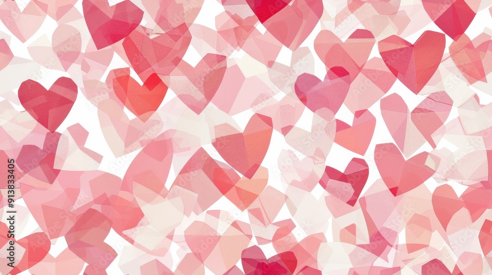 Aufkleber An abstract image of various sizes of pink hearts scattered across a white background. The hearts have a geometric, polygonal appearance, creating a visually appealing and romantic effect.