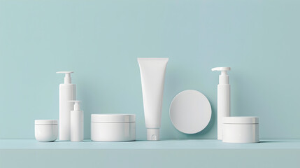 Blank White Beauty Product Containers mockup on light blue background, cosmetic jars bottles tubes pump dispensers