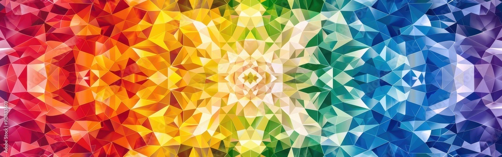 Poster an abstract image featuring a colorful rainbow pattern with geometric triangles. the pattern fades f