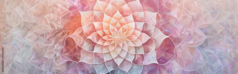 Aufkleber This is a colorful, abstract design of a flower created by layers of overlapping petals in soft pastel colors. The petals appear to be made of translucent material, allowing the viewer to see through 
