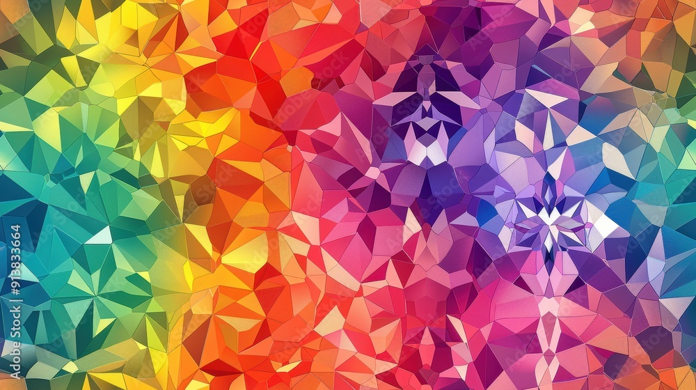Poster A digital illustration of a colorful abstract pattern made up of overlapping, bright triangles in shades of green, yellow, orange, red, pink, purple, and blue.