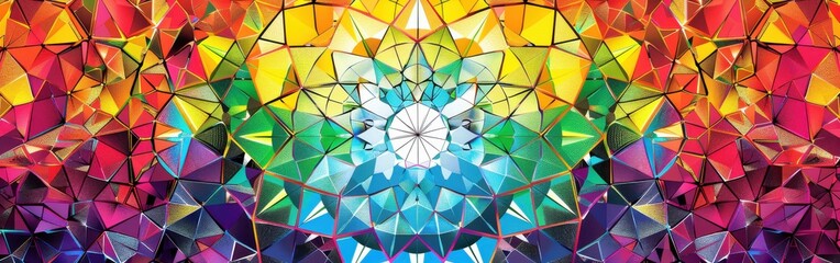 A kaleidoscope-style image of geometric shapes arranged in a colorful pattern. The design creates a sense of depth and dimension, with the colors radiating outward from the center.