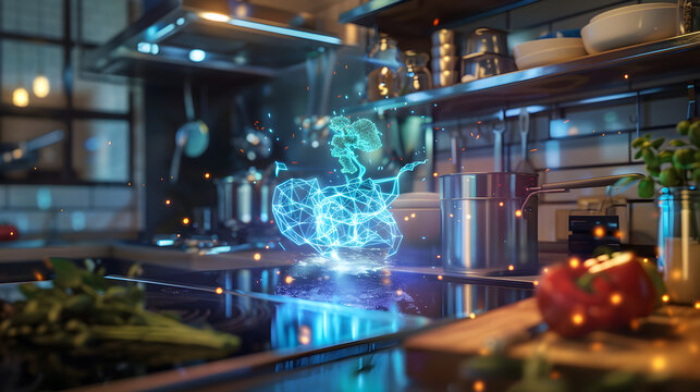 A futuristic holographic cooking competition set in a virtual reality world with advanced technology.