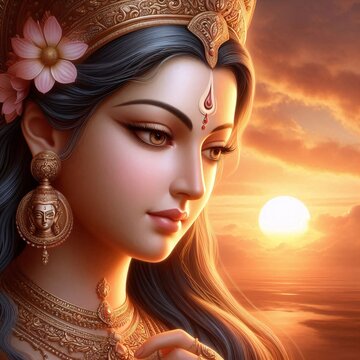 Goddess Parvati is portrayed in a sunset background