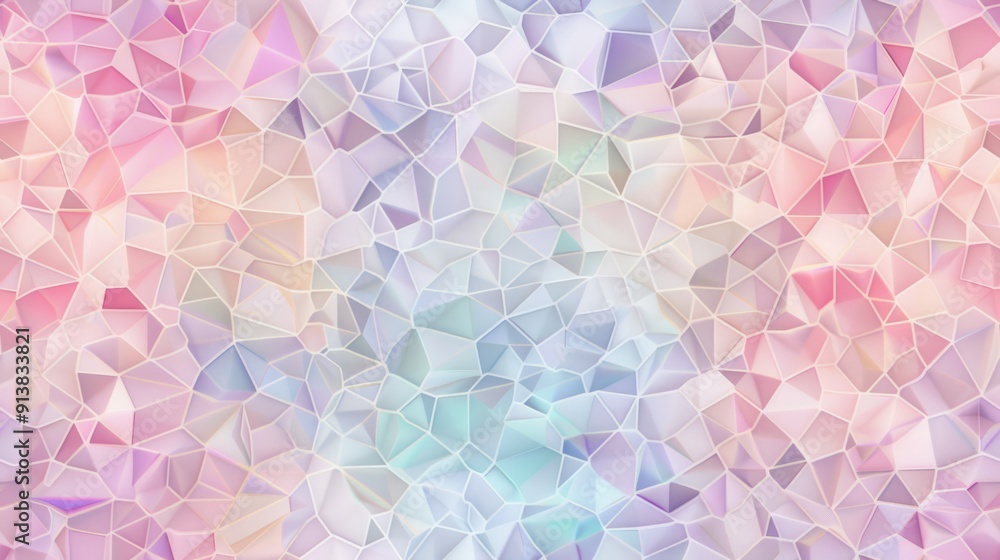 Poster The image features a colorful, abstract geometric pattern with pink, white, and blue colors. The pattern is made up of small, interlocking triangles, creating a textured and dynamic effect. The colors