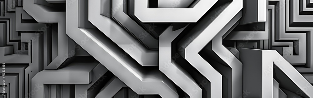 Leinwandbilder A close-up image showcasing a complex geometric design composed of interlocking shapes. The design is rendered in shades of gray, creating a sense of depth and dimensionality. The intricate pattern of