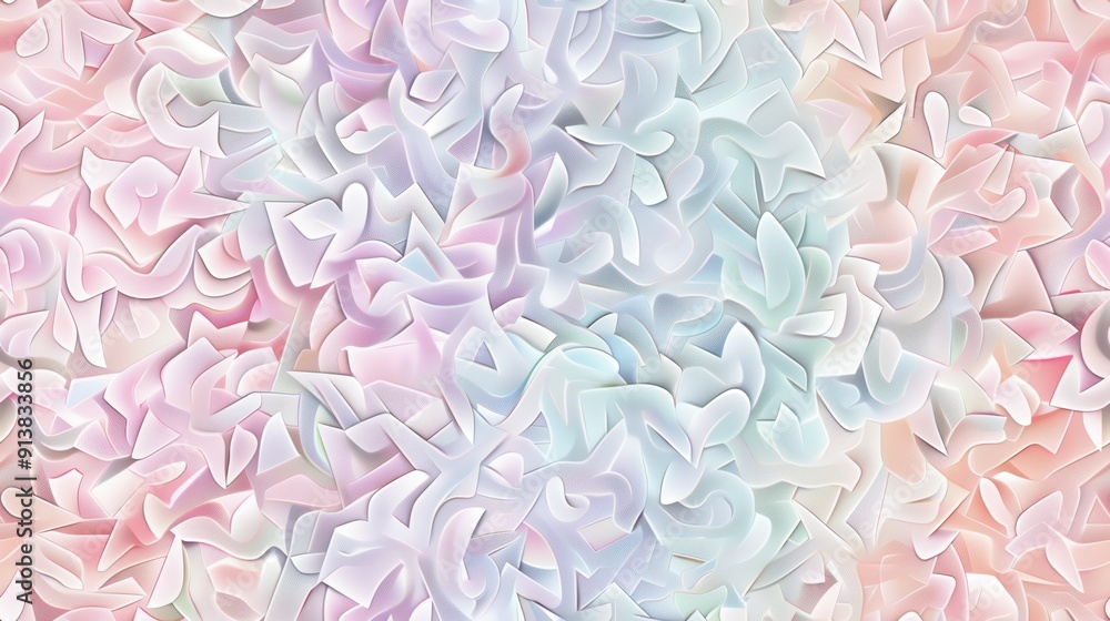 Poster The image features a digital art piece comprised of abstract shapes rendered in a pastel color scheme, ranging from pale pink to light blue. The shapes overlap and intertwine, creating a dynamic and v