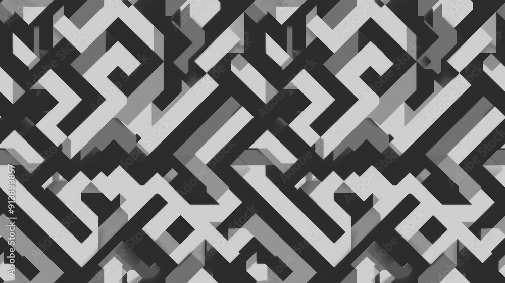 Poster An abstract pattern with interlocking shapes in black, white, and shades of grey. The shapes are arranged in a seemingly random order, creating a sense of movement and depth.