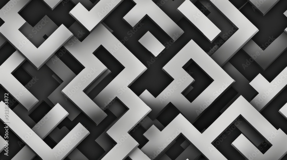 Fototapete A repeating pattern of interlocking silver and black shapes creates an abstract background. The shapes are geometric, with a sense of depth and dimension.