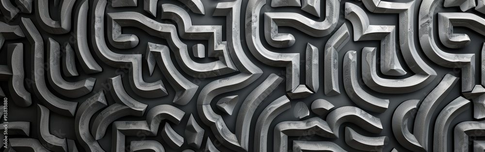 Poster A close-up shot of a three-dimensional abstract pattern carved into a gray stone surface. The pattern features a series of interconnected curves and angles, creating a visually complex and intricate d