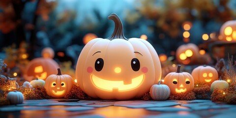 Obraz premium Halloween background, cartoon minimalist environment, tiny cute 3D style