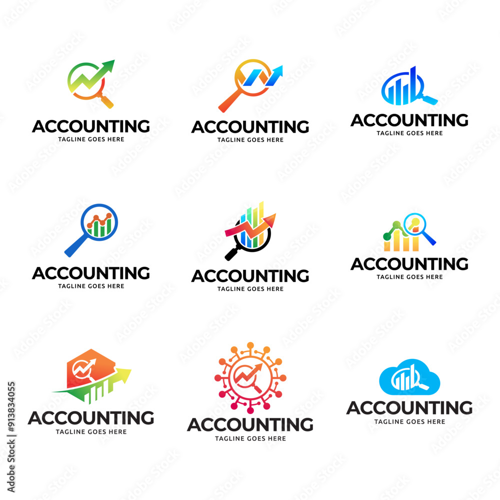 Poster set of vector logo combination of a graph and magnifier