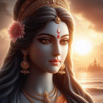 Goddess Parvati is portrayed in a sunset background