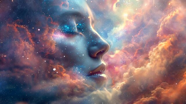 Woman's face in digital art with dynamic cosmic energy flow like a nebula in outer space