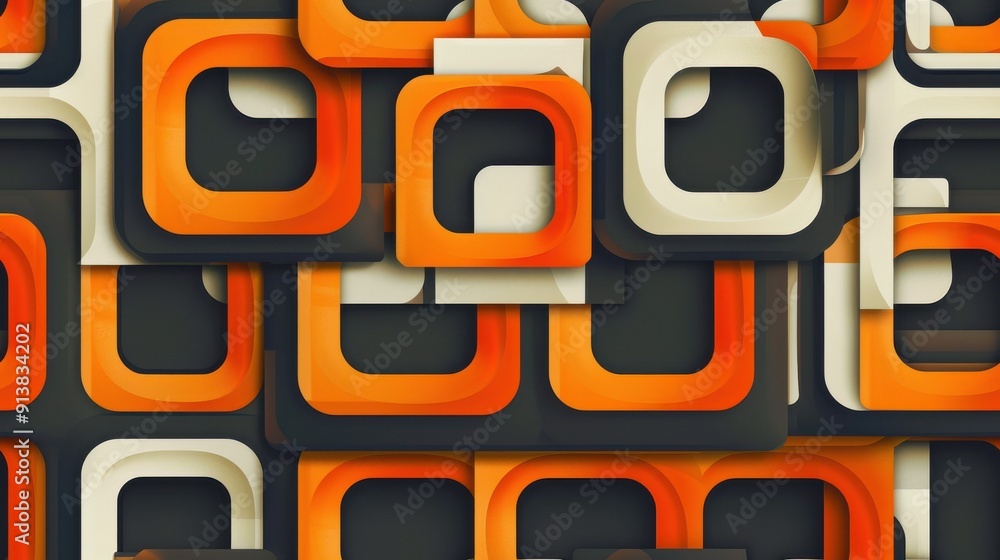 Poster A seamless pattern of overlapping orange, black, and white squares with slightly rounded edges. The squares are arranged in a geometric design, creating an abstract and modern aesthetic.