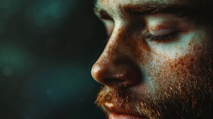 Obraz premium A tight shot of a man's face with closed eyes and a softly blurred background