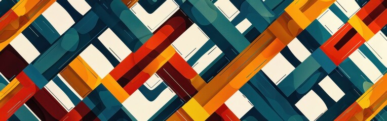 The image depicts a digital artwork featuring a repeating pattern of overlapping stripes in shades of red, yellow, and blue. The stripes are arranged diagonally, creating a sense of depth and movement