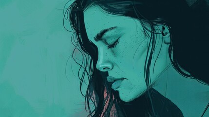 Naklejka premium Profile portrait of a woman in an artistic style with muted teal and pink tones Her eyes are closed, expressing tranquility and introspection