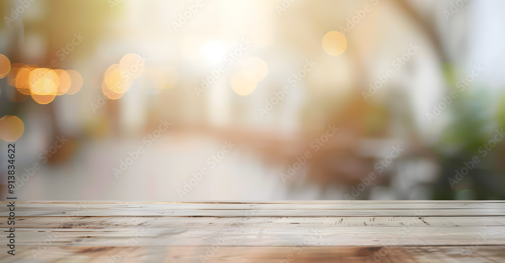 Poster Empty wooden table on blurred background with smooth table surface texture. 
