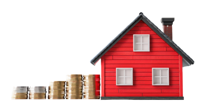Money and a model of a detached house on transparent background