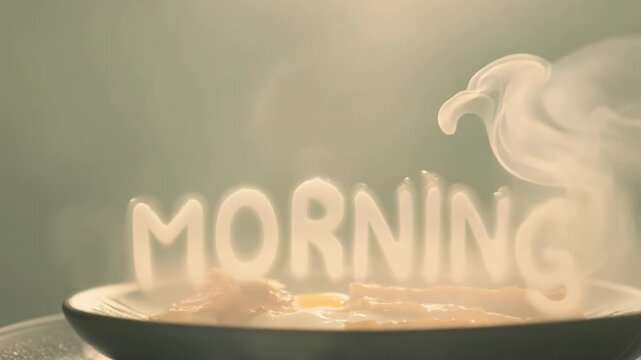 Perfectly scrambled eggs are in plate, releasing steam as yolks shine brightly. Steam rises above plate, from which words "Morning" is formed.
