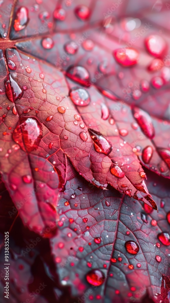 Poster a macro shot of vibrant red leaves covered in water droplets, showcasing the intricate veins and tex