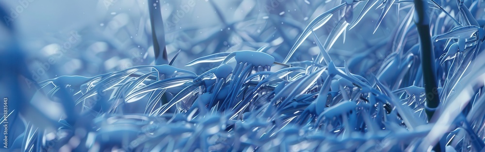 Poster a close-up shot of frosty grass blades covered in ice crystals, taken in a field on a cold winter mo
