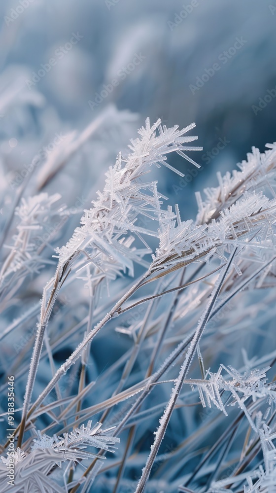 Poster A close-up image of frost-covered grass blades. The delicate ice crystals form intricate patterns on the stems and leaves, highlighting the beauty of nature in winter. The background is blurred, provi