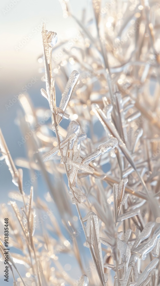 Poster close-up shot of grass stalks covered in ice, illuminated by the sun on a bright winter day. the ice