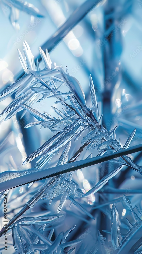 Poster a close-up shot of ice crystals forming delicate, intricate patterns on a branch. the frosty design 