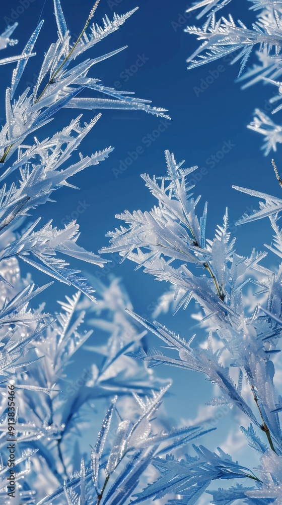 Poster a close-up shot of frosty branches with delicate, crystalline formations against a bright blue sky. 