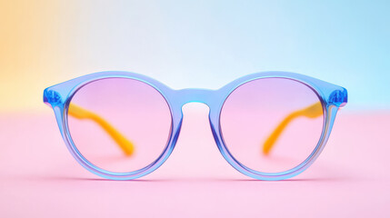 pair of blue glasses with pastel pink and yellow frames, resting on an isolated light gradient background