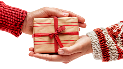 Close-up of Hands Exchanging a Wrapped Gift with Red Ribbon on Transparent Background, Ideal for Holiday and Giving Concepts