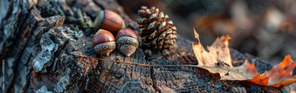 Poster Three acorns and a pine cone rest on a fallen log covered in rough bark. The acorns are brown with ridges and caps. The pine cone is a light brown and has a rough texture. A withered leaf lies near th