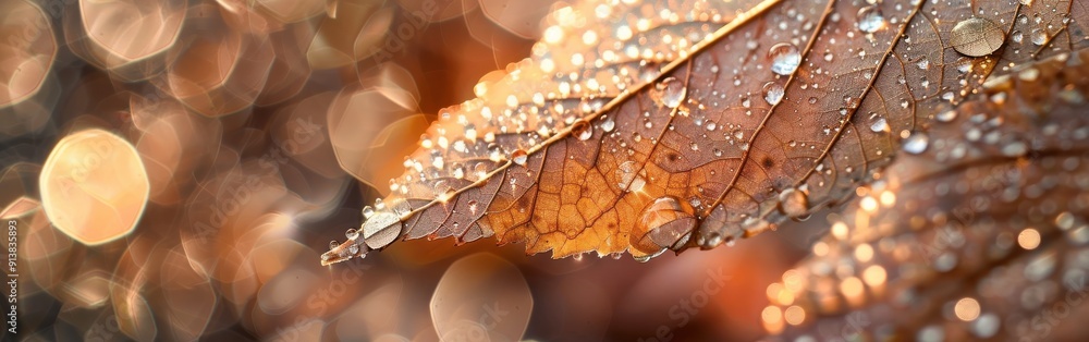Poster a close-up photograph of a single leaf in autumn, with dew drops clinging to its surface. the backgr
