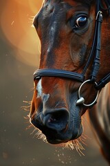 Fototapeta premium Intense Close-Up of a Racehorse's Eyes and Nostrils Charging Down the Track in Dynamic Motion